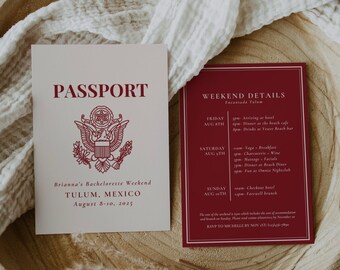 May include: A passport-style invitation for a bachelorette weekend in Tulum, Mexico. The invitation features a red and white design with the text "PASSPORT" and "Brianna's Bachelorette Weekend Tulum, Mexico August 8-10, 2025". The back of the invitation lists weekend details with a schedule of events.