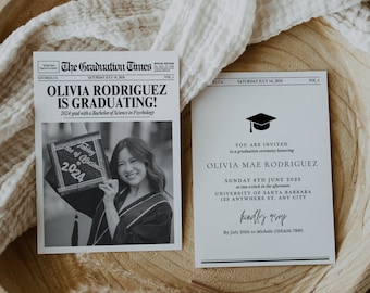 Newspaper Graduation Announcement Template, Editable Graduate Photo Card, Printable Graduation Invitation, Graduate Times, Newspaper Grad