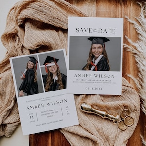 Anuncio de graduación Guarde la plantilla de fecha, invitación editable a la ceremonia de graduación, tarjeta fotográfica de graduación minimalista moderna
