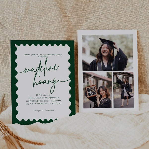 Modern Graduation Announcement, Wavy Graduation Party Invitation Template, Photo Graduation Invite, Dark Green Graduation Party Invite