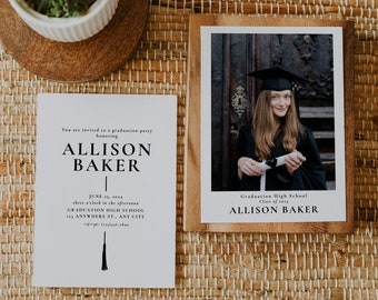May include: A graduation party invitation with a black and white design. The invitation is for Allison Baker, and it includes the date, time, and location of the party. A photo of Allison Baker in her graduation cap and gown is included in a wooden frame.