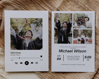Modern Graduation Invitation Card Template Instant Download, Minimalist Music Lover Grad Photo Card, Custom Music Play Button Card