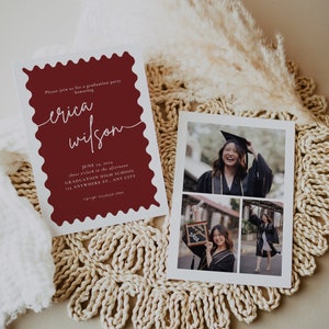 Graduation Announcement Card, Scallop Edge Wavy Graduation Party Template, Editable Graduation Party Invite, Photo Graduation Invite