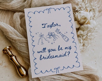 Minimalist Retro Bridesmaid Card, Be My Bridesmaid, Ribbon Bridesmaid Proposal Template, Bridesmaid Proposal Box, Blue Bridesmaid Gift