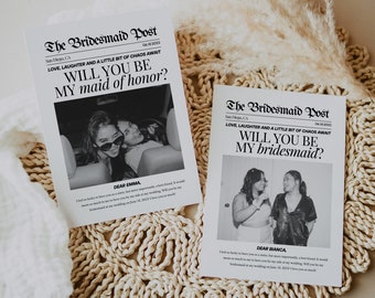 Will You Be My Bridesmaid, Bridesmaid Proposal Template, Modern Bridesmaid Photo Card, Newspaper Bridesmaid Proposal, Retro Photo Bridesmaid