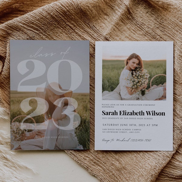 Modern Boho Class of 2023 Graduation Announcement Card, Graduation Photo Invitation Template, Grad Party Save the Date Card