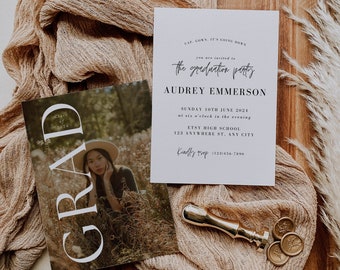 May include: A graduation party invitation with a white background and black text. The invitation reads "You are invited to the graduation party Audrey Emmerson Sunday 10th June 2024 at six o'clock in the evening Etsy High School 123 Anywhere St. Any City Kindly RSVP 11234567890".