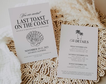 Coastal Bachelorette Party Invitation Template, Last Toast on the Coast Bachelorette Party Itinerary, Editable Beach Bachelorette Invite