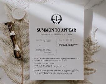 Summon to Appear Invite, Law School Graduation Party Photo Card, You are Summoned, Editable Graduation Card Template, Grad Announcement Card