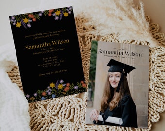May include: A black graduation invitation with floral accents and gold lettering. The invitation reads "You are cordially invited to join us for a graduation party honoring Samantha Wilson, Class of 2023, University of Nevada Las Vegas. June 18, 2023 at 5:00 pm, 123 Anywhere St., Any City, ST 12345. Please RSVP (123) 456-7890". A separate photo card features a graduate in a cap and gown holding a diploma. The card reads "Class of 2023, Samantha Wilson, University of Nevada Las Vegas".