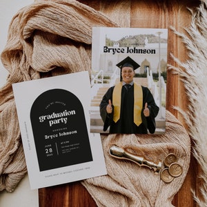 Retro Graduation Announcement Card, Modern Boho Graduation Party Invitation Template, Editable Party Invitation Card Template with Photo