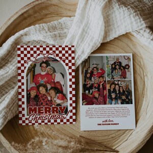Gingham Ribbon Christmas Card Template, Editable Minimalist Bow Holiday Family Photos, Family Photo Christmas Card, Family Holiday Card