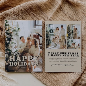 Minimal Modern Holiday Family Photo Card Template, Christmas New Year Holiday Card, Editable with Canva, Instant Download, Printable