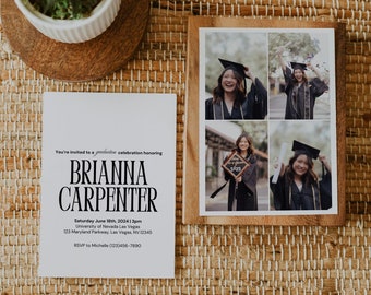 May include: Graduation invitation with a black and white design. The invitation is for Brianna Carpenter's graduation celebration on Saturday, June 18th, 2024 at 3pm at the University of Nevada Las Vegas. The invitation includes the address and RSVP information.