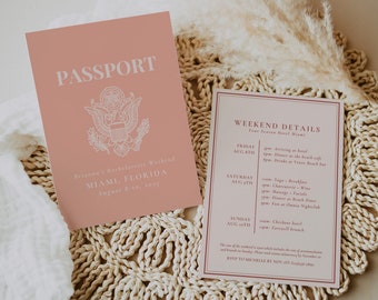 May include: A pink and white passport-style invitation for a bachelorette party in Miami, Florida. The invitation says "Brianna's Bachelorette Weekend, Miami, Florida, August 8-10, 2025". The invitation also includes a schedule of events for the weekend, including yoga, breakfast, a beach dinner, and a farewell brunch.