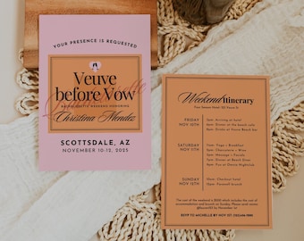 Veuve before Vows Bachelorette Party Invitation Template, Last Rendez Veuve Bach Weekend Invitation, Champagne Hen Party Travel Itinerary