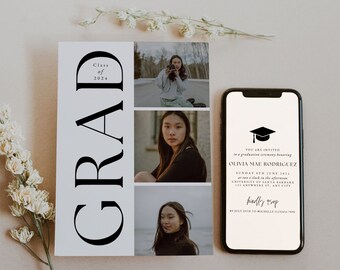 Digital Graduation Evite Template, Minimalist Graduation Announcement, Photo Invitation, Editable Grad Party Invitation, Digital Grad Invite