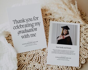 Modern Minimalist Graduation Thank You Card, Graduation Thank you Card Template, Printable Thank You Notes, Editable Graduation Photo Card