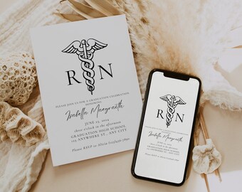 May include: A white card with a black and white medical symbol and the text "RN" on it. The card is a graduation announcement for Isabella Maegraith. The announcement includes the date, time, and location of the graduation ceremony. The card is next to a smartphone with a similar design.