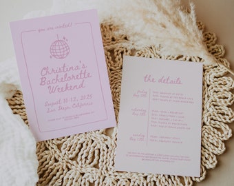 Hand Drawn Bachelorette Party Invitation Template, Pink Bachelorette Party Itinerary Template, Editable Hen Party Weekend, Travel Itinerary