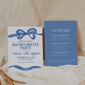Coquette Bachelorette Party Invitation Template, Blue Ribbon Bachelorette Party Itinerary, Editable Bow Aesthetic Hen Party, Vintage Ribbon