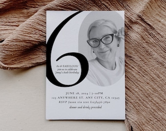 60th Birthday Party Invitation Card, Look Who's 60, Editable 60th Birthday Card Template, Printable Minimalist Birthday Photo Card Invites