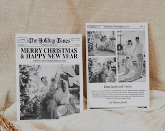 Newspaper Christmas Card Template, Editable Minimalist Christmas New Years Holiday Family Photos, 2023 Year in Review Family Photo Card