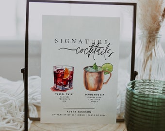 Signature Cocktails Sign Template, Modern Graduation Party Bar Menu, Printable Signature Drink Menu, Editable Graduation Party Bar Sign