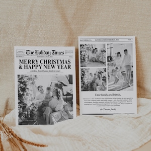 Modelo de cartão de Natal de jornal, fotos de família de férias de ano novo de Natal minimalista editável, cartão com foto de família de revisão do ano de 2023