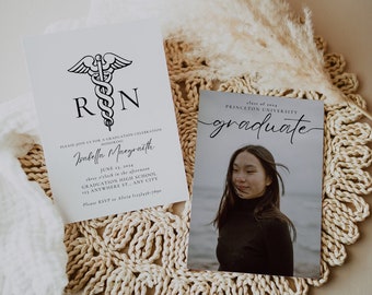 May include: A graduation invitation with a black and white medical symbol and the text "RN" above the name "Isabella Maegraith". The invitation is for a graduation celebration at Graduation High School on June 23, 2014 at 3:00 PM. A separate photo card shows a woman in a black turtleneck and a blue background with the text "Class of 2014 Princeton University graduate".