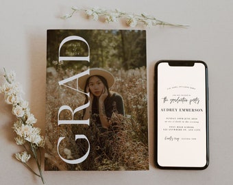 Minimalist Graduation Digital Invitation Template, Graduation Announcement Photo Evite, Editable Grad Party Invitation, Digital Grad Invite