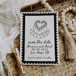 Vintage Stempel Save the Date Vorlage, bearbeitbare minimalistische Save the Date, handgeschriebene Save Our Date Fotokarte, wunderliche Hochzeitseinladung