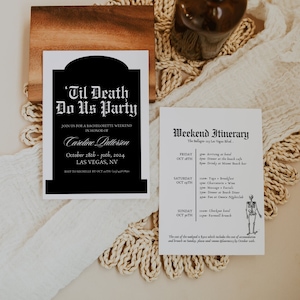 Til Death Do Us Bachelorette Party Invitation Template, Halloween Gothic Bachelorette Party Itinerary, Editable Hen Party Weekend Invite