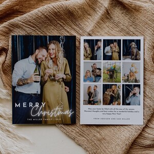 Modèle de carte de Noël pour jeunes mariés, carte des mariés et lumineuses, carte de Noël modifiable, imprimable en revue l'année, photos de famille de vacances minimalistes