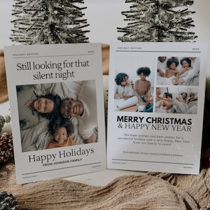 Plantilla de tarjeta navideña con foto familiar minimalista y moderna, tarjeta familiar de Navidad y Año Nuevo, editable con Canva, descarga instantánea, imprimible