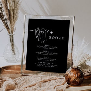 Black Halloween Party Bar Menu Sign Template, Editable Boos and Booze Menu, Gothic Halloween Party Sign, Halloween Bar Signature Drink Menu