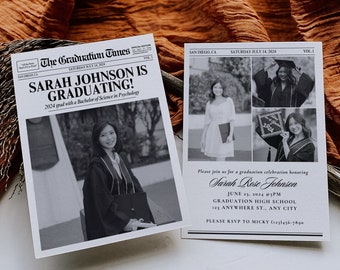 Newspaper Graduation Party Invitation Template, Editable Graduate Photo Card, Printable Graduation Announcement, Modern Minimalist Grad