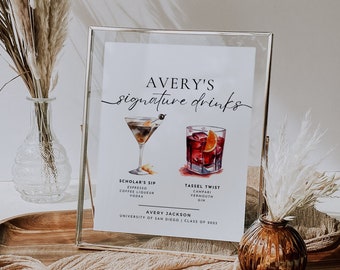 Signature Cocktails Sign Template, Minimalist Graduation Party Bar Menu, Printable Signature Drink Menu, Editable Graduation Party Bar Sign