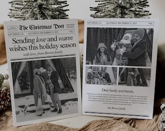 May include: Two black and white Christmas cards with family photos and text. One card reads "The Christmas Post" with the headline "Sending love and warm wishes this holiday season." The other card says "Dear family and friends."