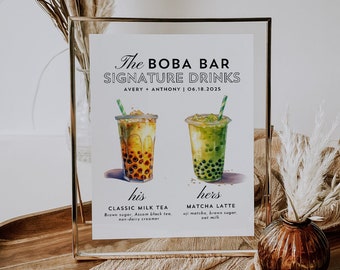 Boba Bar Menu Wedding Sign, Signature Drink Sign, Milk Tea Bar Menu Template, Editable Bubble Tea Drink Menu, Wedding Bar Table Sign