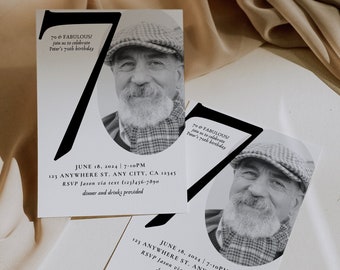 Tarjeta de invitación a la fiesta de cumpleaños número 70, mira quién tiene 70 años, plantilla de tarjeta de cumpleaños número 70 editable, invitaciones a tarjetas fotográficas de cumpleaños minimalistas imprimibles