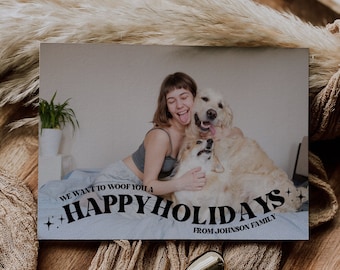 Groovy huisdier vakantie fotokaartsjabloon, moderne hond kerstfotokaart, huisdier kerstkaart, bewerkbaar met Canva, Instant Download