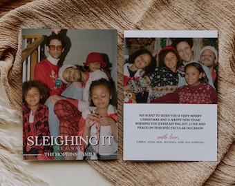 Sleighing It Funny Holiday Family Photo Card Template, Modern Retro Christmas Family Photo Template, Editable with Canva, Instant Download