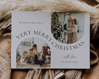Plantilla de tarjeta de Navidad con foto minimalista, tarjeta de felicitación navideña editable, tarjeta de Navidad familiar imprimible con foto, descarga instantánea