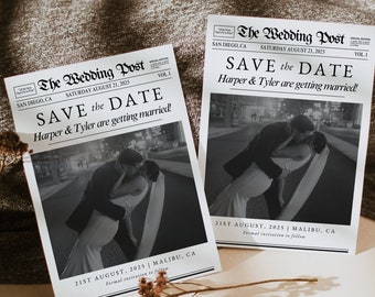 Newspaper Wedding Save the Date Template, Editable Minimal Save the Date Photo Invite Card, Printable Newspaper Save the Date with Photo