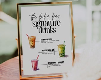 Boba Bar Menu Wedding Sign, Signature Drink Sign, Milk Tea Bar Menu Template, Editable Bubble Tea Drink Menu, Wedding Bar Table Sign