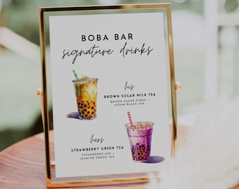 Boba Bar Wedding Sign, Signature Drink Sign, Milk Tea Bar Menu Template, Modern Editable Bubble Tea Drink Menu, Wedding Bar Table Menu Sign
