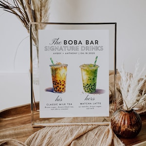 Boba Bar Menü Hochzeitsschild, Signatur Getränkeschild, Milch Tee Bar Menüvorlage, bearbeitbare Bubble Tea Getränkekarte, Hochzeit Bar Tischschild