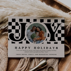 Groovy Retro Checker Christmas Holiday Card Template, Groovy Christmas Family Photo Card Template, Editable with Canva, Instant Download