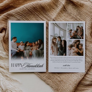 Modèle de carte minimaliste joyeux Hanoucca, carte photo de famille modifiable de Hanoucca, modèle de carte de voeux joyeux Hanoucca, voeux de Hanoucca